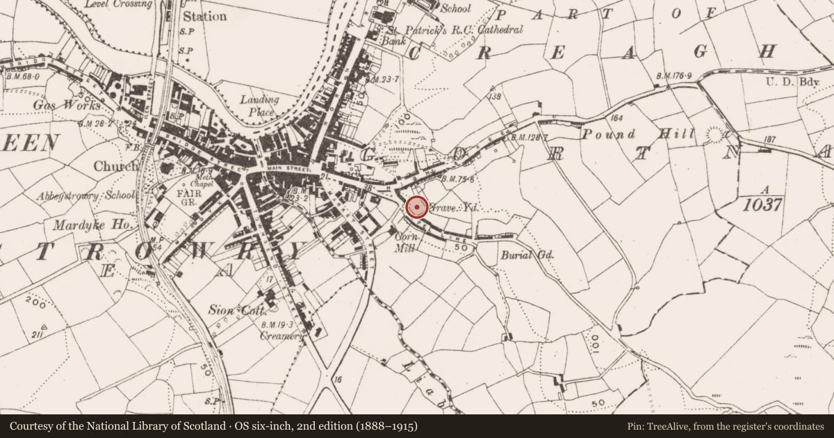 Ordnance Survey six-inch map, 2nd edition (1888–1915) covering the location of Burial ground, Gortnaclohy, County Cork, with a pin at the register's coordinates