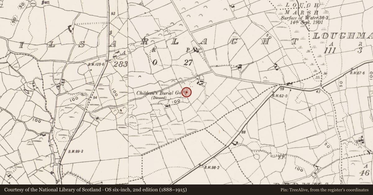 Ordnance Survey six-inch map, 2nd edition (1888–1915) covering the location of Burial ground, Kilsarlaght, County Cork, with a pin at the register's coordinates