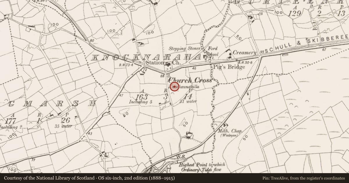 Ordnance Survey six-inch map, 2nd edition (1888–1915) covering the location of Burial ground, Knocknaraha, County Cork, with a pin at the register's coordinates