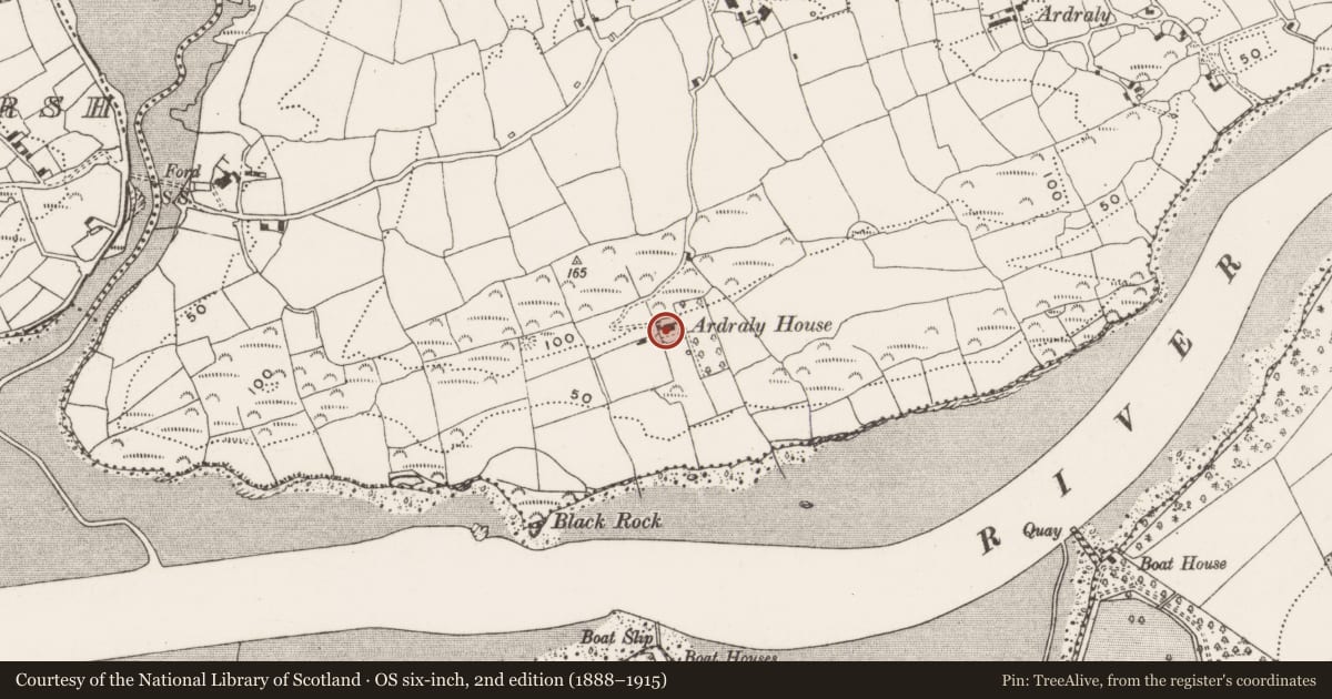 Ordnance Survey six-inch map, 2nd edition (1888–1915) covering the location of Country house, Ardraly, County Cork, with a pin at the register's coordinates
