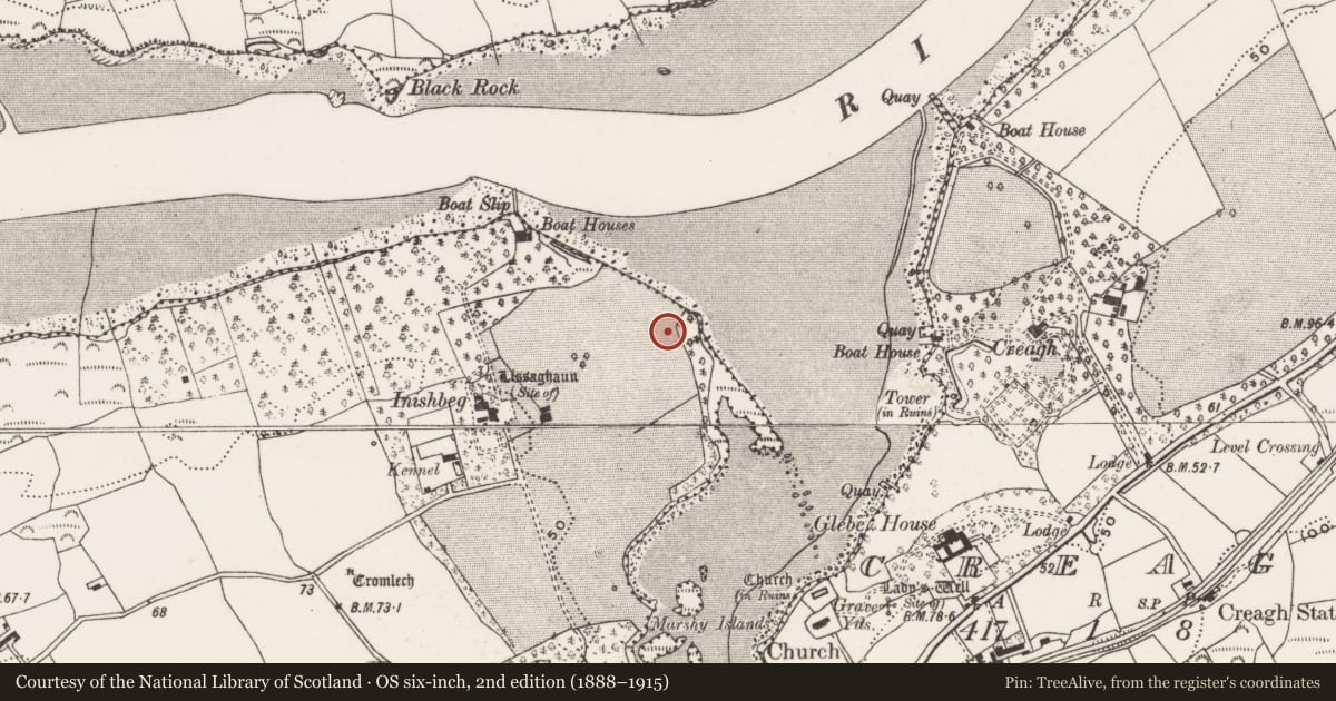 Ordnance Survey six-inch map, 2nd edition (1888–1915) covering the location of Burial ground, Inishbeg, County Cork, with a pin at the register's coordinates