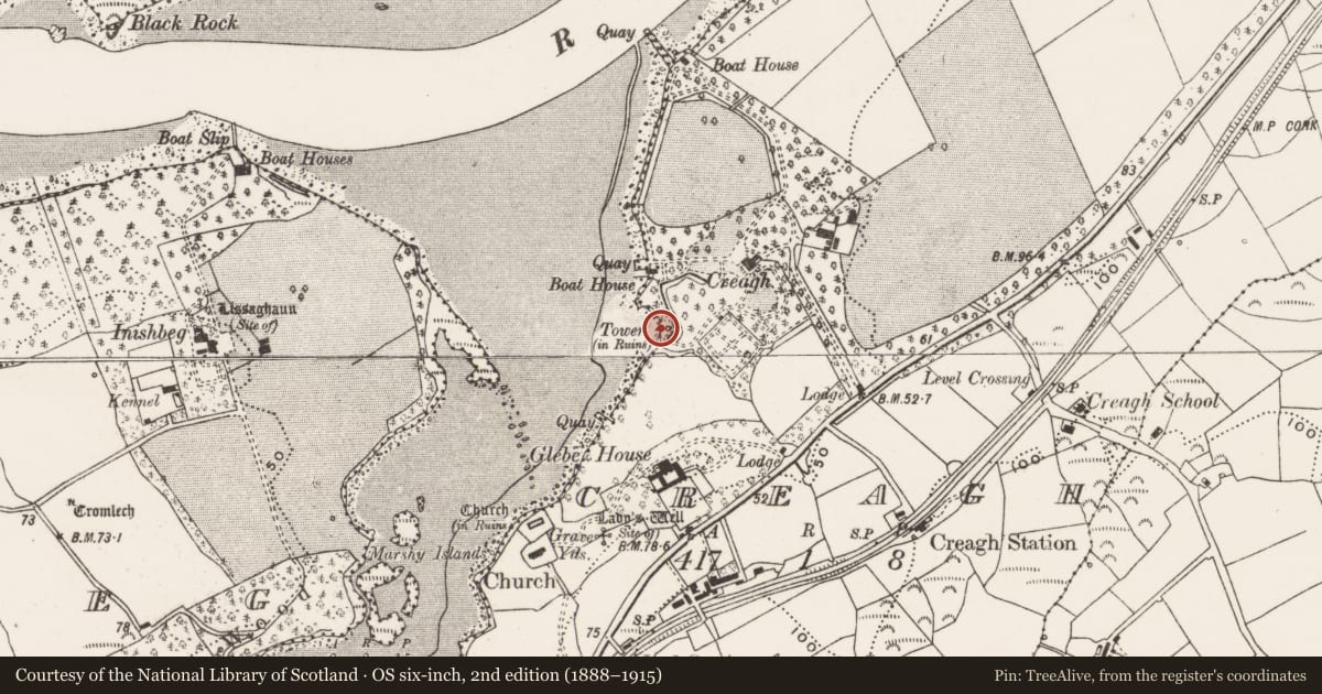 Ordnance Survey six-inch map, 2nd edition (1888–1915) covering the location of Designed landscape - belvedere, Creagh, County Cork, with a pin at the register's coordinates