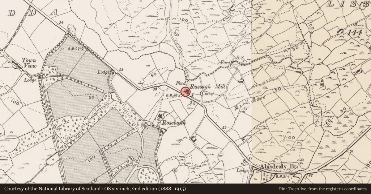 Ordnance Survey six-inch map, 2nd edition (1888–1915) covering the location of Mill - corn, Russagh, County Cork, with a pin at the register's coordinates