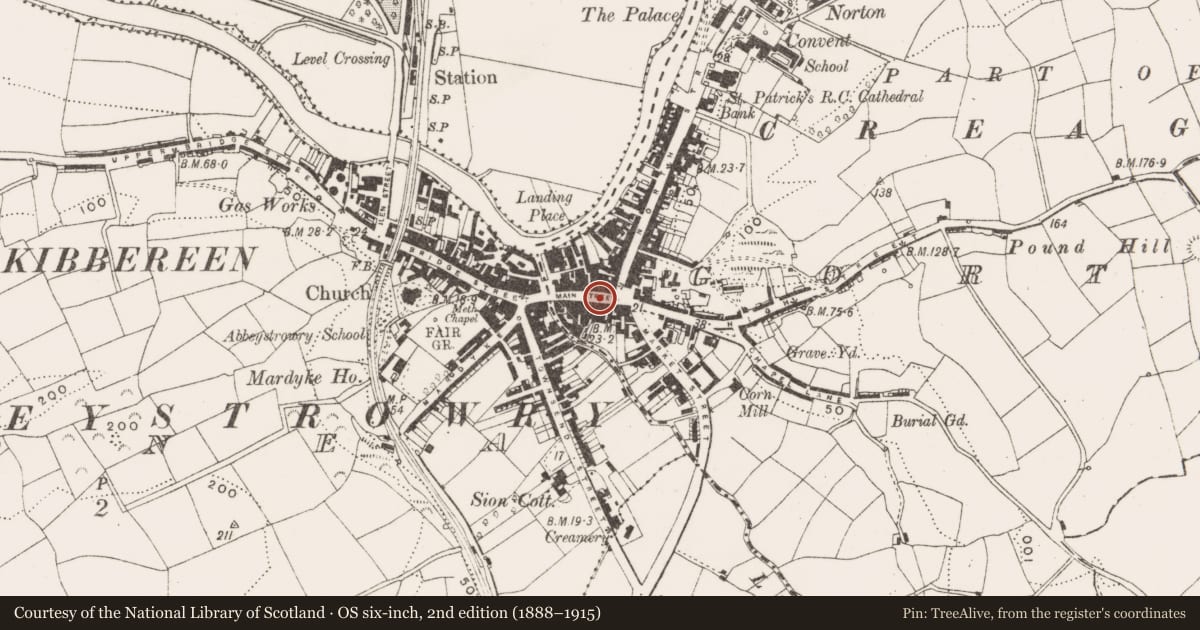 Ordnance Survey six-inch map, 2nd edition (1888–1915) covering the location of Historic town, Gortnaclohy, County Cork, with a pin at the register's coordinates
