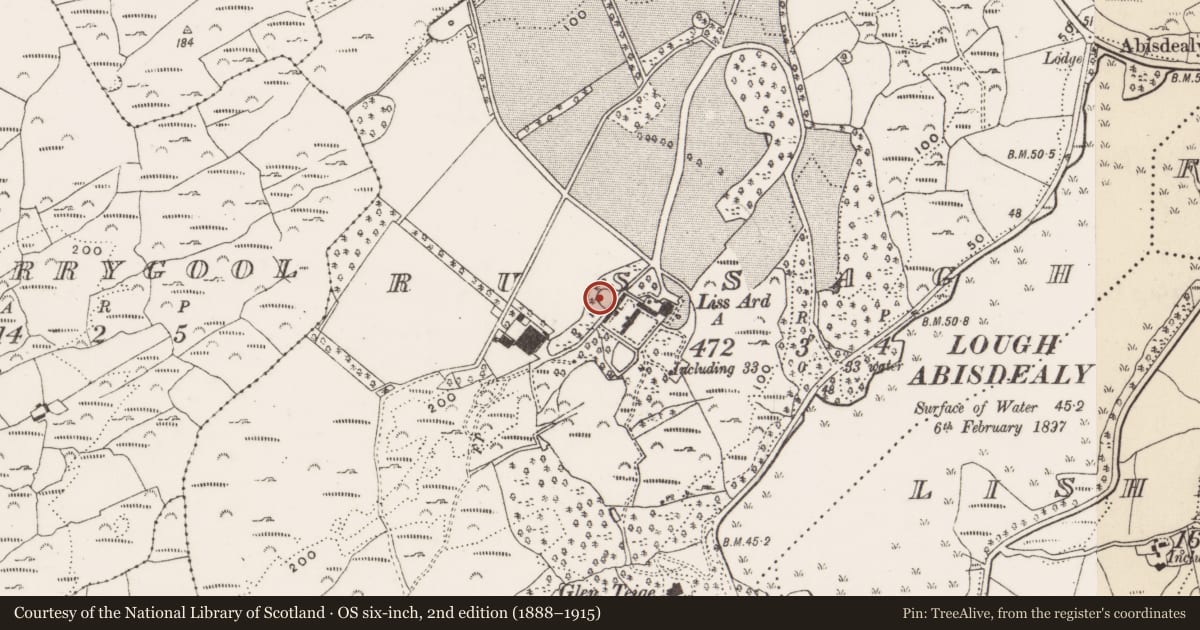 Ordnance Survey six-inch map, 2nd edition (1888–1915) covering the location of Souterrain, Russagh, County Cork, with a pin at the register's coordinates