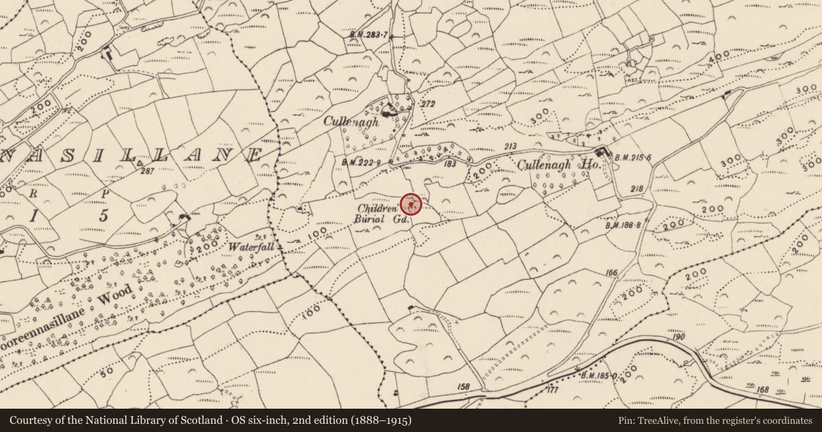 Ordnance Survey six-inch map, 2nd edition (1888–1915) covering the location of Burial ground, Cullenagh, County Cork, with a pin at the register's coordinates