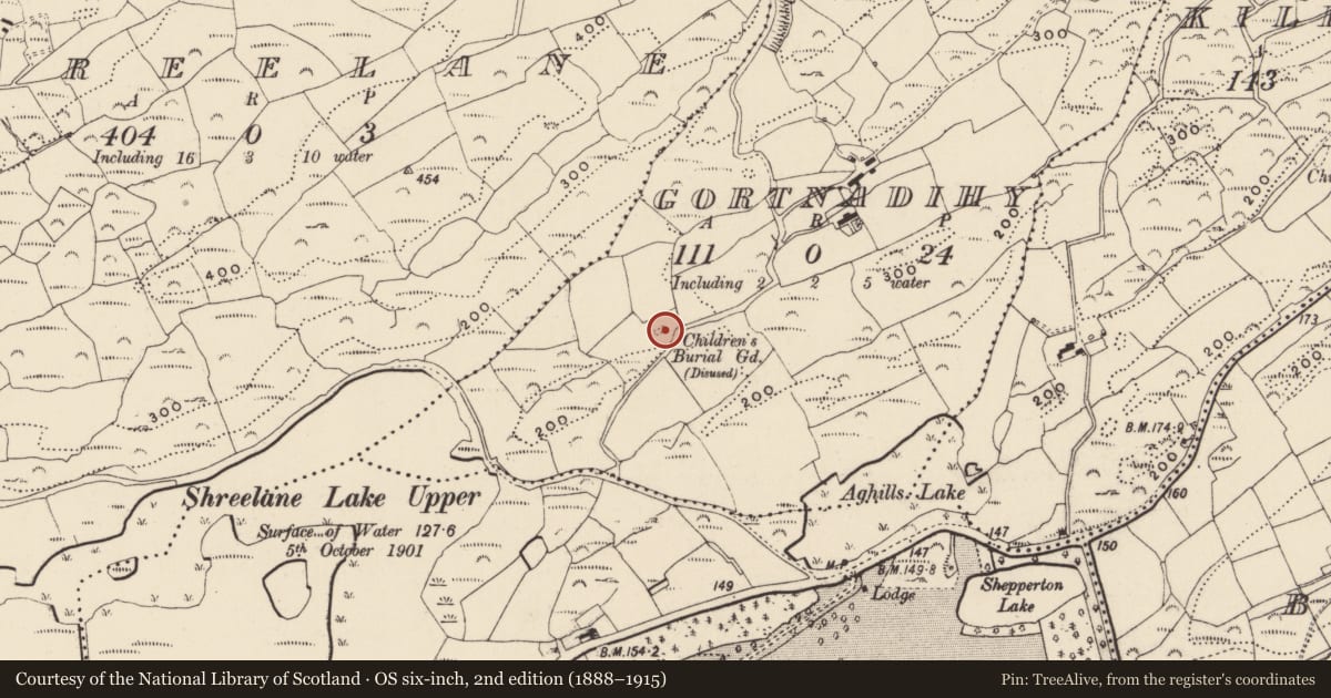 Ordnance Survey six-inch map, 2nd edition (1888–1915) covering the location of Burial ground, Gortnadihy, County Cork, with a pin at the register's coordinates