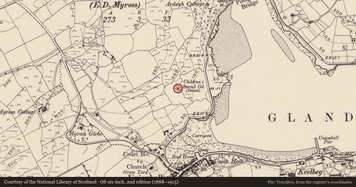 Ordnance Survey six-inch map, 2nd edition (1888–1915) covering the location of Burial ground, Ardagh (Carbery West By., Myross Par.), County Cork, with a pin at the register's coordinates