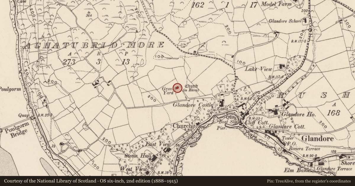 Ordnance Survey six-inch map, 2nd edition (1888–1915) covering the location of Graveyard, Aghatubrid More, County Cork, with a pin at the register's coordinates