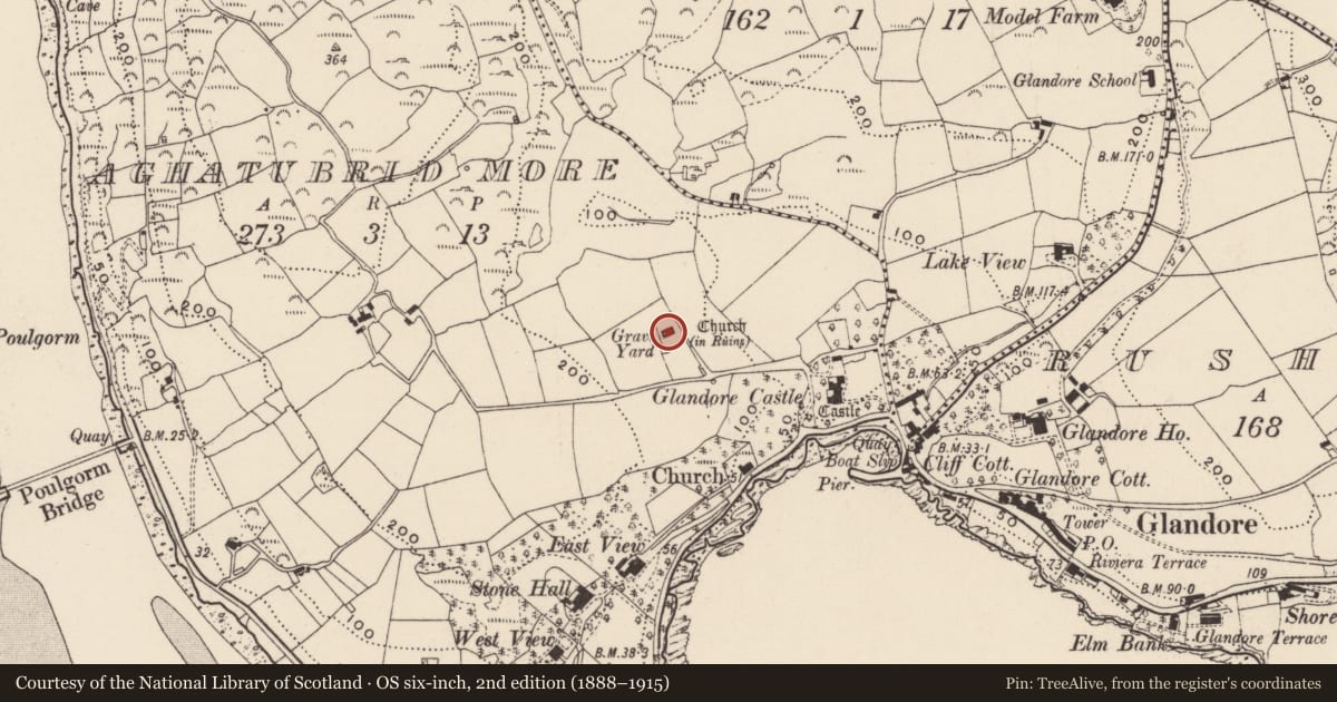 Ordnance Survey six-inch map, 2nd edition (1888–1915) covering the location of Church, Aghatubrid More, County Cork, with a pin at the register's coordinates