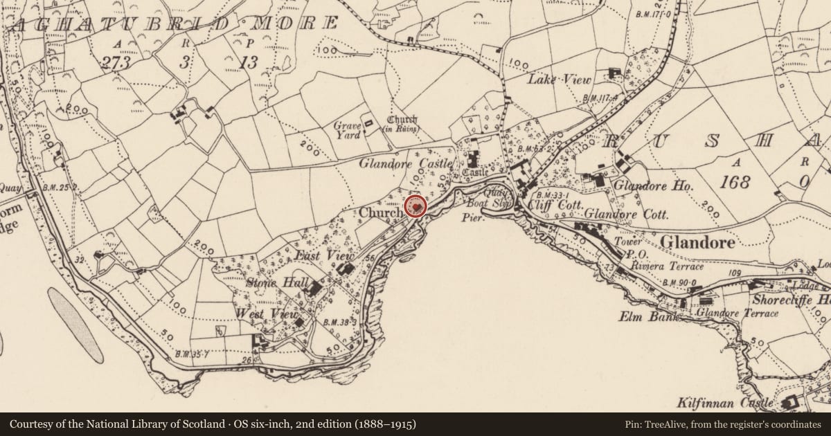 Ordnance Survey six-inch map, 2nd edition (1888–1915) covering the location of Church, Aghatubrid More, County Cork, with a pin at the register's coordinates