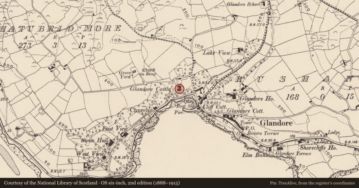 Ordnance Survey six-inch map, 2nd edition (1888–1915) covering the location of Castle - tower house, Aghatubrid More, County Cork, with a pin at the register's coordinates