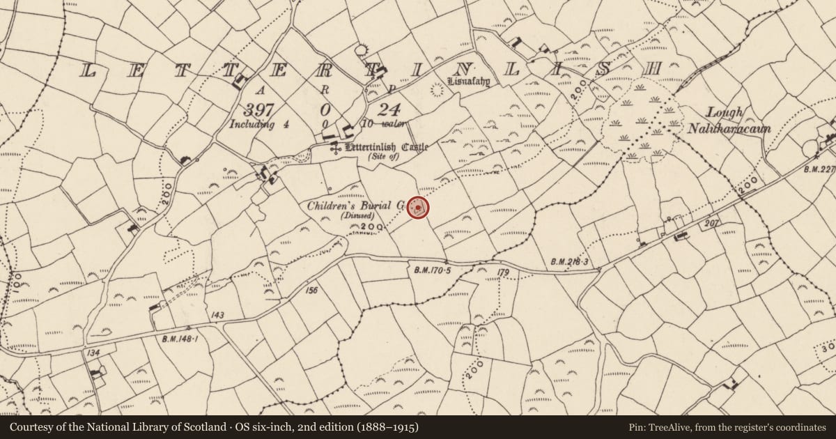 Ordnance Survey six-inch map, 2nd edition (1888–1915) covering the location of Burial ground, Lettertinlish, County Cork, with a pin at the register's coordinates