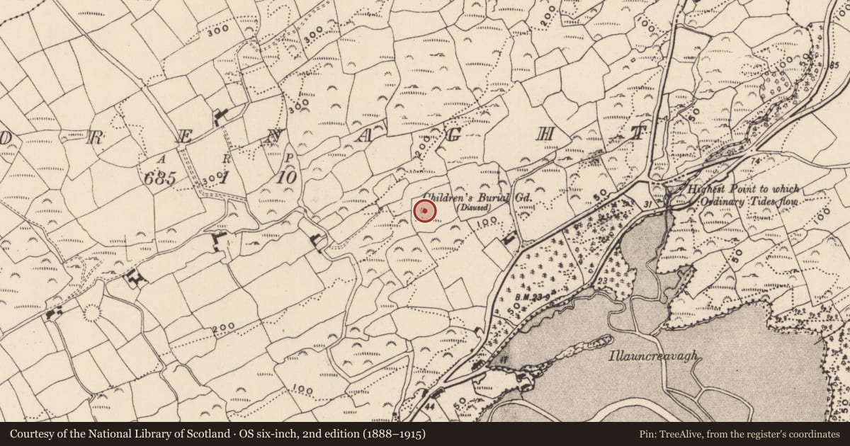 Ordnance Survey six-inch map, 2nd edition (1888–1915) covering the location of Burial ground, Forenaght, County Cork, with a pin at the register's coordinates