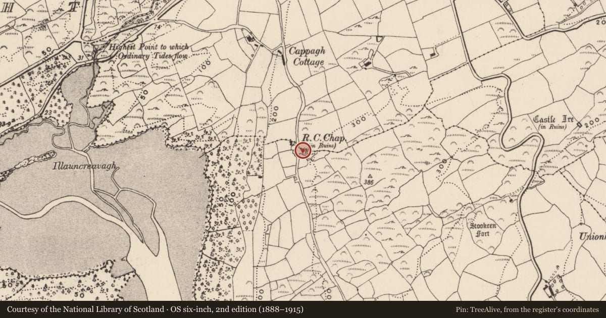 Ordnance Survey six-inch map, 2nd edition (1888–1915) covering the location of Church, Cooldurragha, County Cork, with a pin at the register's coordinates
