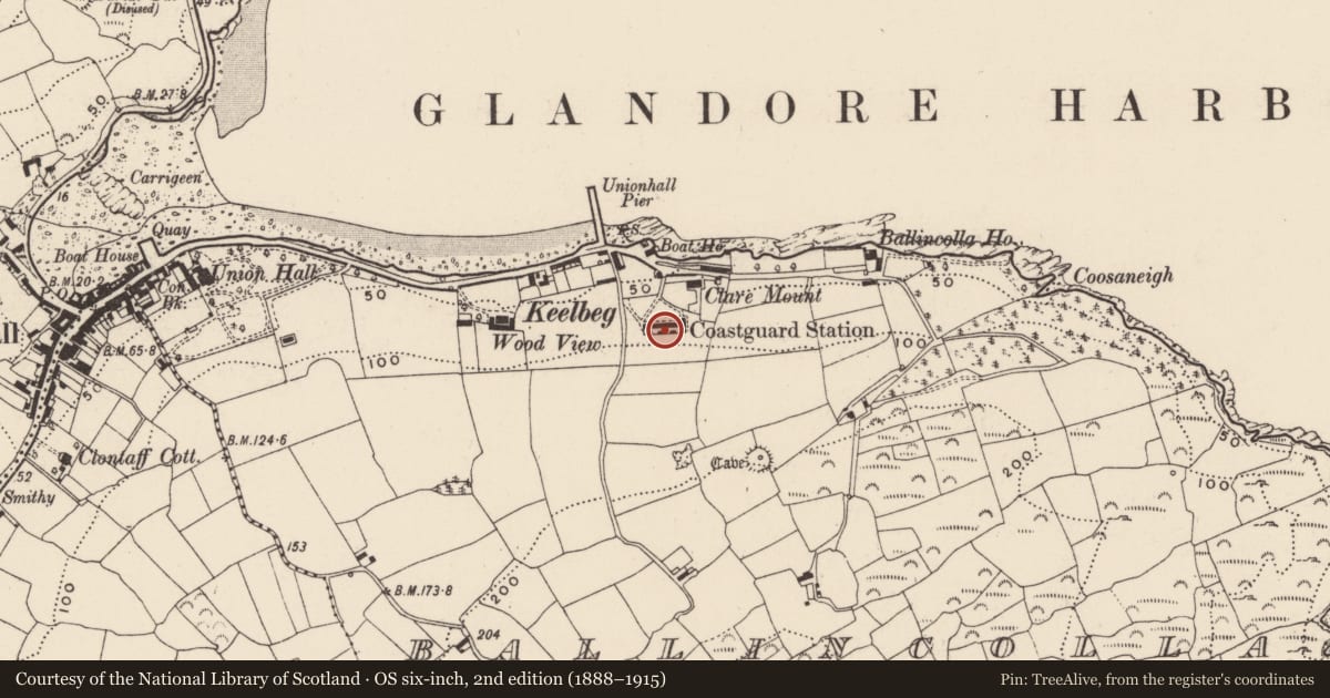 Ordnance Survey six-inch map, 2nd edition (1888–1915) covering the location of Building, Ballincolla, County Cork, with a pin at the register's coordinates