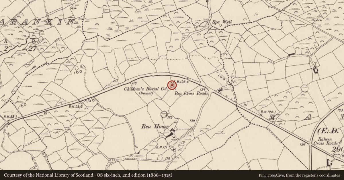 Ordnance Survey six-inch map, 2nd edition (1888–1915) covering the location of Burial ground, Rea, County Cork, with a pin at the register's coordinates