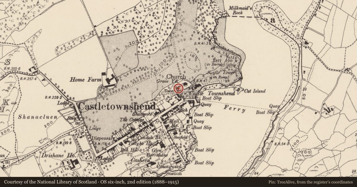 Ordnance Survey six-inch map, 2nd edition (1888–1915) covering the location of Designed landscape - belvedere, Castletownsend, County Cork, with a pin at the register's coordinates