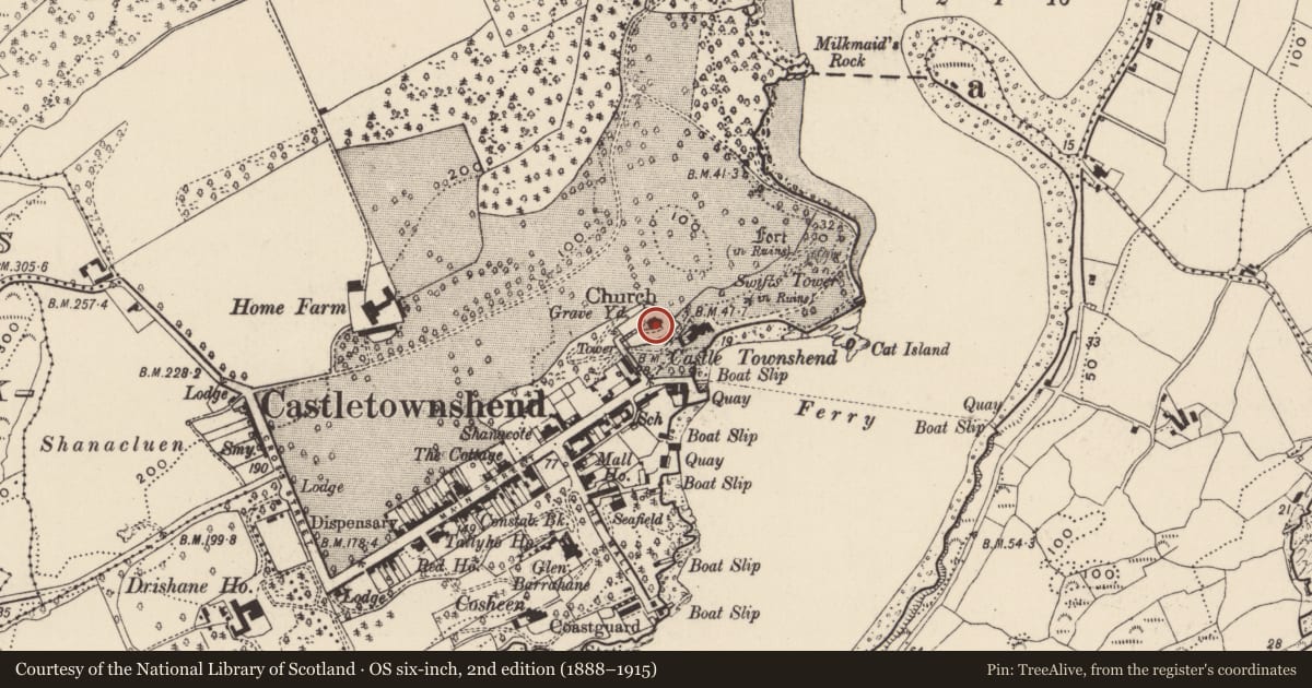 Ordnance Survey six-inch map, 2nd edition (1888–1915) covering the location of Church, Castletownsend, County Cork, with a pin at the register's coordinates