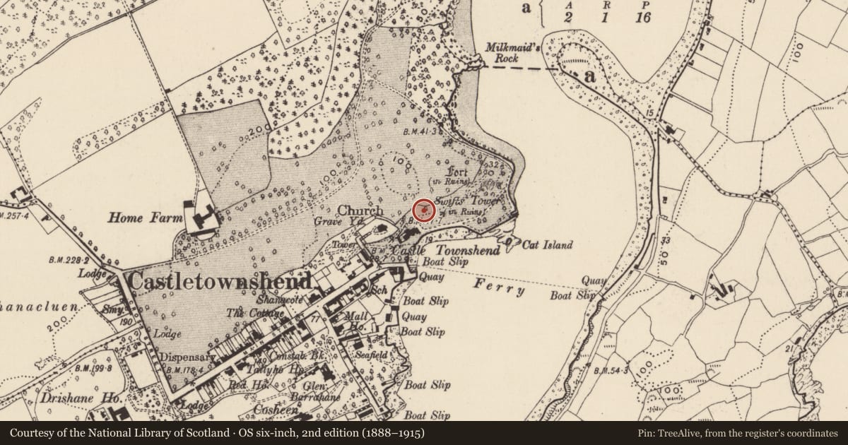 Ordnance Survey six-inch map, 2nd edition (1888–1915) covering the location of Designed landscape - belvedere, Castletownsend, County Cork, with a pin at the register's coordinates