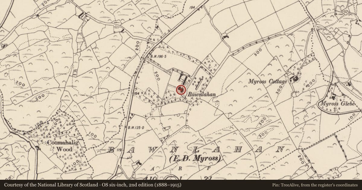 Ordnance Survey six-inch map, 2nd edition (1888–1915) covering the location of House - fortified house, Bawnlahan (Carbery West (W.D.) By., Myross Par.), County Cork, with a pin at the register's coordinates