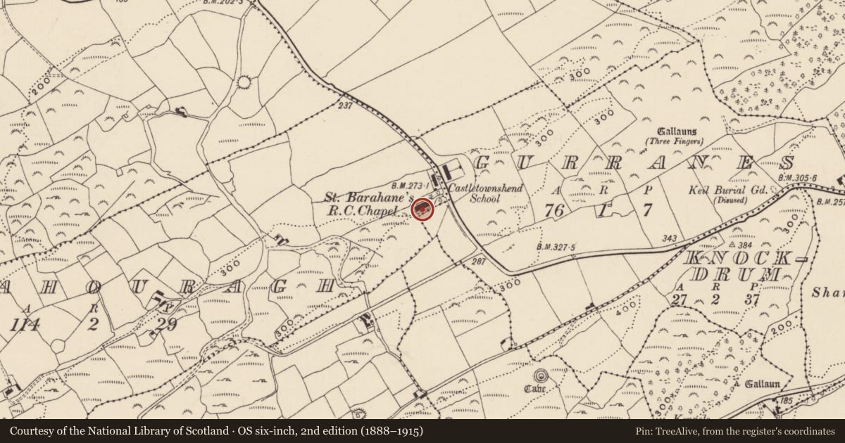 Ordnance Survey six-inch map, 2nd edition (1888–1915) covering the location of Church, Fahouragh, County Cork, with a pin at the register's coordinates