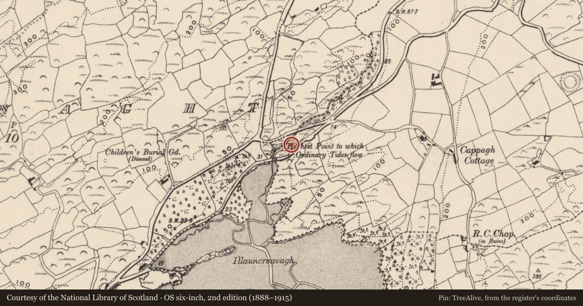 Ordnance Survey six-inch map, 2nd edition (1888–1915) covering the location of Kiln - lime, Bawnlahan (Carbery West (W.D.) By., Myross Par.), County Cork, with a pin at the register's coordinates