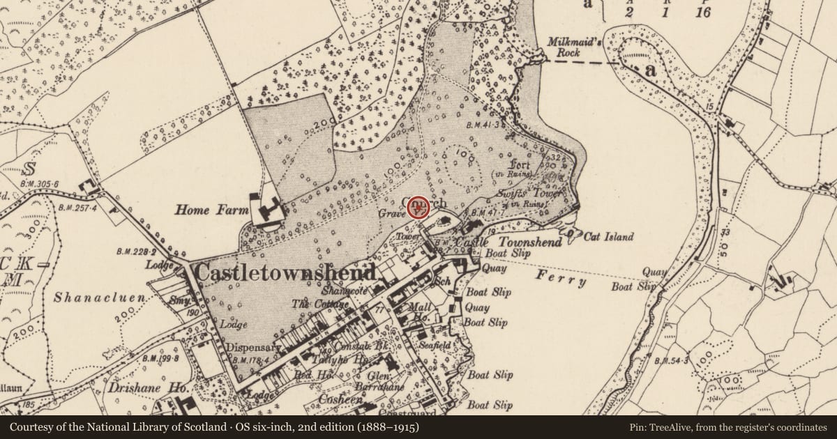 Ordnance Survey six-inch map, 2nd edition (1888–1915) covering the location of Burnt mound, Castletownsend, County Cork, with a pin at the register's coordinates