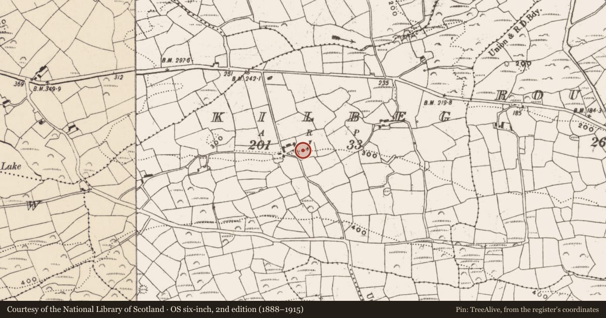 Ordnance Survey six-inch map, 2nd edition (1888–1915) covering the location of Burial ground, Kilbeg, County Cork, with a pin at the register's coordinates