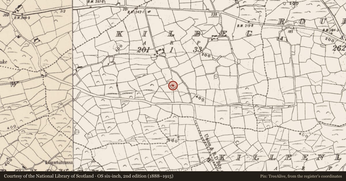 Ordnance Survey six-inch map, 2nd edition (1888–1915) covering the location of Hut site, Kilbeg, County Cork, with a pin at the register's coordinates