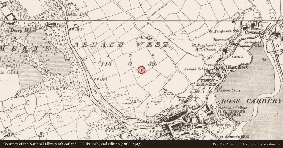 Ordnance Survey six-inch map, 2nd edition (1888–1915) covering the location of Ringfort - rath, Ardagh West, County Cork, with a pin at the register's coordinates