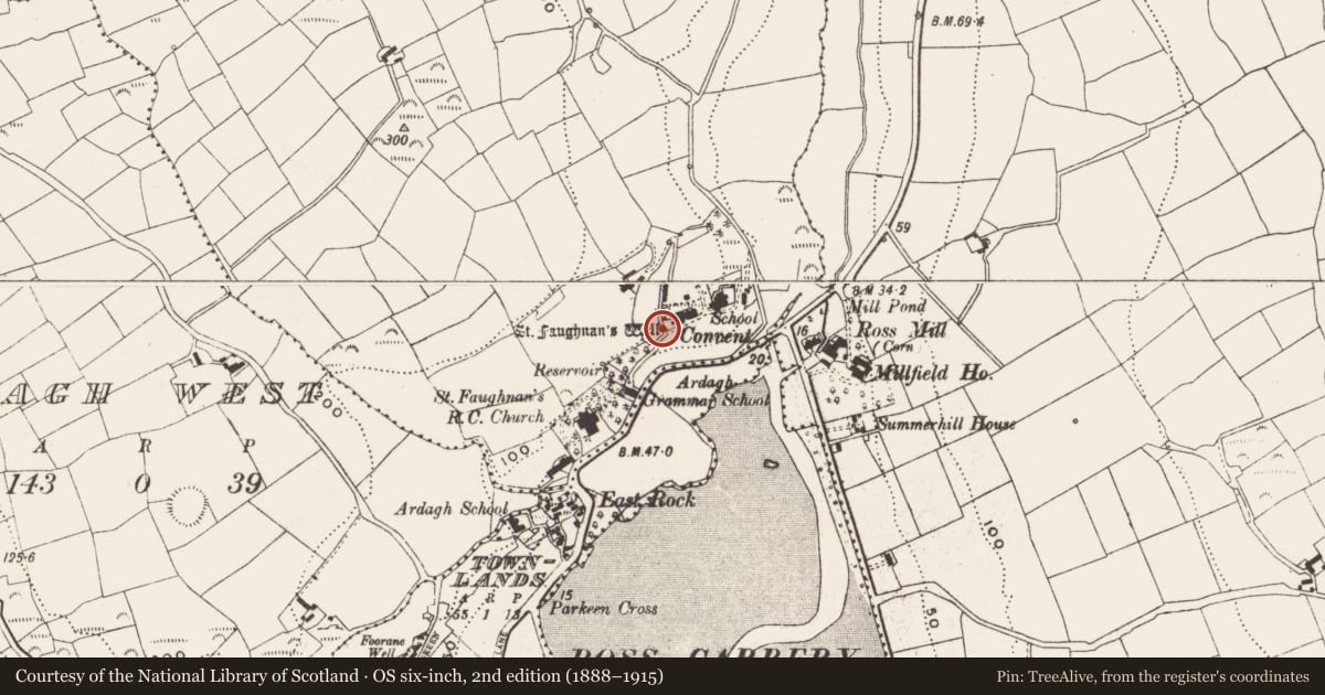 Ordnance Survey six-inch map, 2nd edition (1888–1915) covering the location of Ritual site - holy well, Ardagh East, County Cork, with a pin at the register's coordinates