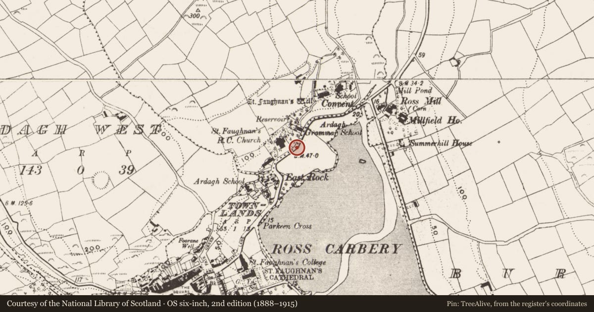 Ordnance Survey six-inch map, 2nd edition (1888–1915) covering the location of Burial ground, Ardagh East, County Cork, with a pin at the register's coordinates