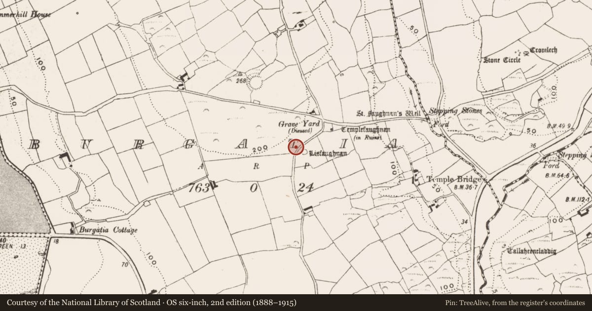 Ordnance Survey six-inch map, 2nd edition (1888–1915) covering the location of Boulder-burial, Burgatia, County Cork, with a pin at the register's coordinates