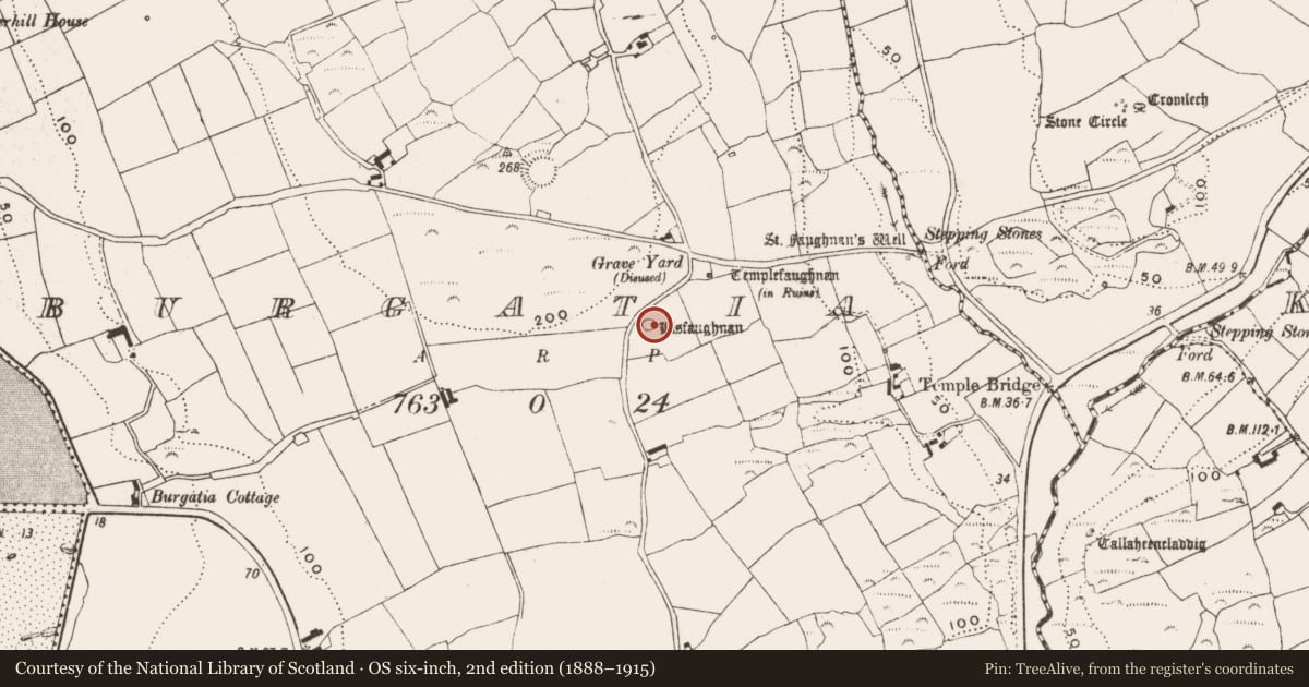 Ordnance Survey six-inch map, 2nd edition (1888–1915) covering the location of Enclosure, Burgatia, County Cork, with a pin at the register's coordinates
