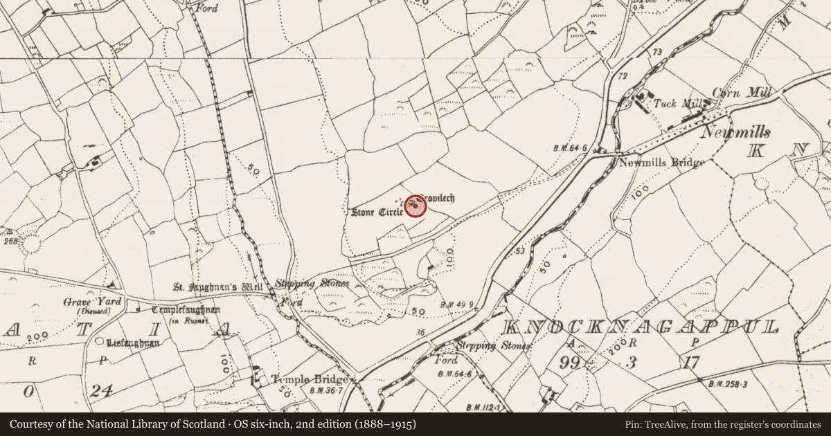 Ordnance Survey six-inch map, 2nd edition (1888–1915) covering the location of Boulder-burial, Bohonagh, County Cork, with a pin at the register's coordinates
