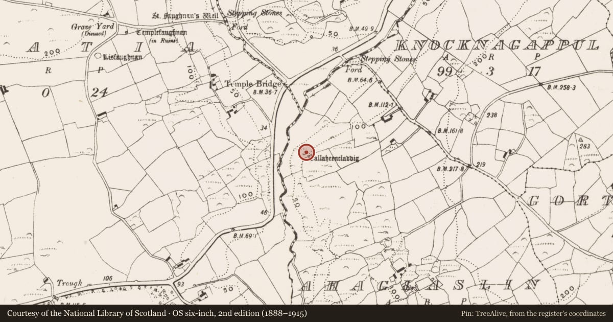Ordnance Survey six-inch map, 2nd edition (1888–1915) covering the location of Megalithic tomb - portal tomb, Ahaglaslin, County Cork, with a pin at the register's coordinates