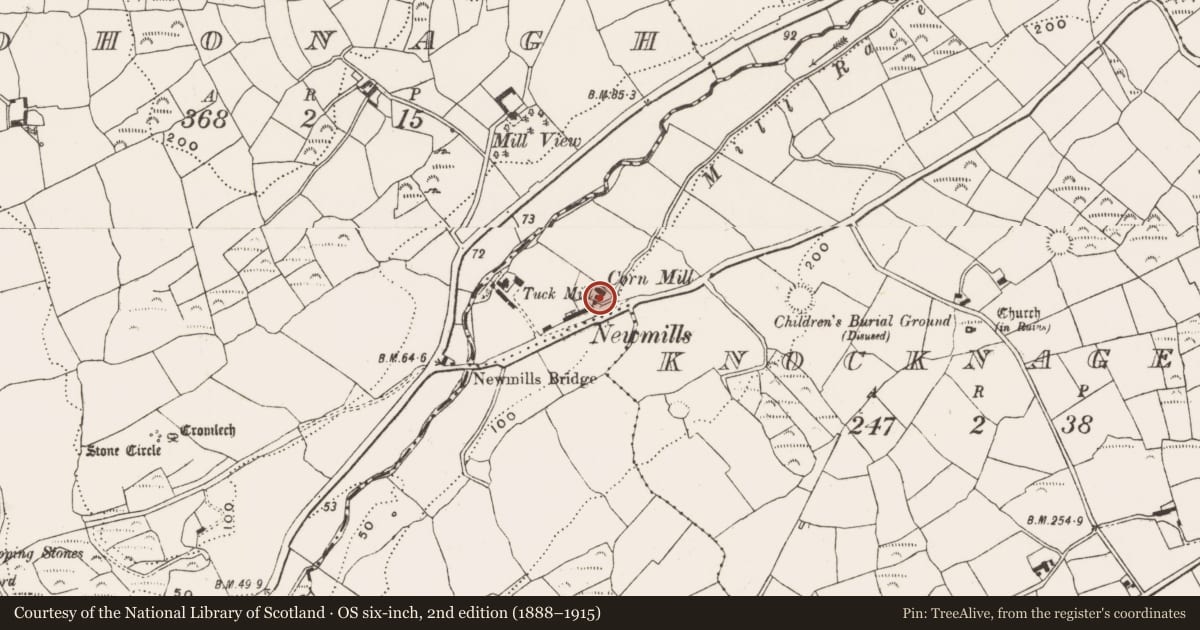 Ordnance Survey six-inch map, 2nd edition (1888–1915) covering the location of Milling complex, Knocknageehy, County Cork, with a pin at the register's coordinates