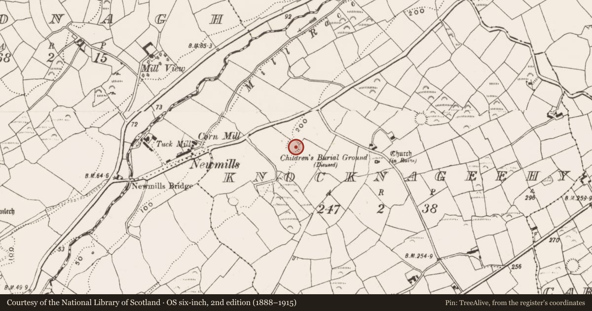 Ordnance Survey six-inch map, 2nd edition (1888–1915) covering the location of Ringfort - rath, Knocknageehy, County Cork, with a pin at the register's coordinates