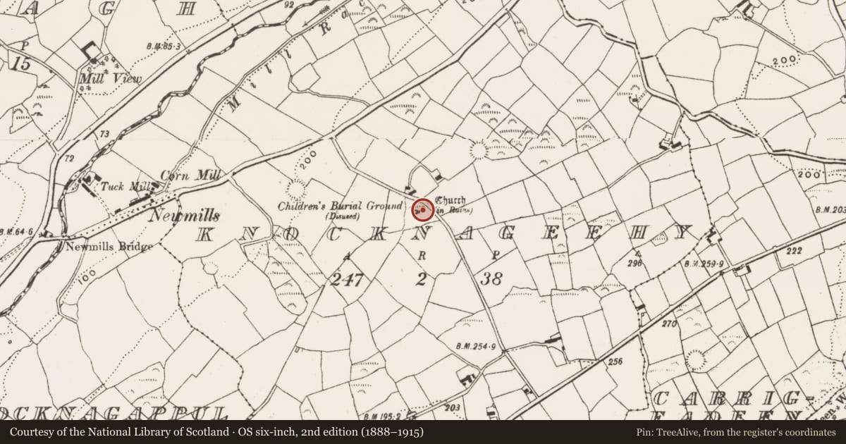 Ordnance Survey six-inch map, 2nd edition (1888–1915) covering the location of Burial ground, Knocknageehy, County Cork, with a pin at the register's coordinates