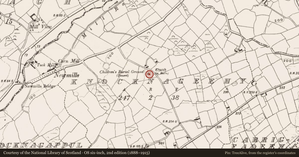 Ordnance Survey six-inch map, 2nd edition (1888–1915) covering the location of Church, Knocknageehy, County Cork, with a pin at the register's coordinates