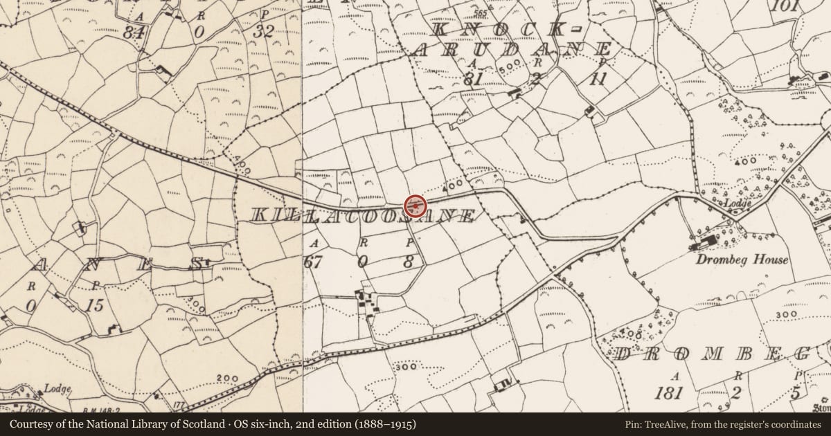 Ordnance Survey six-inch map, 2nd edition (1888–1915) covering the location of Souterrain, Killacoosane, County Cork, with a pin at the register's coordinates