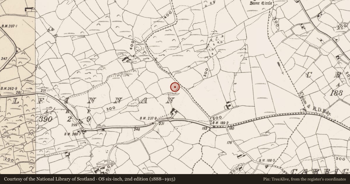 Ordnance Survey six-inch map, 2nd edition (1888–1915) covering the location of Burial ground, Kilfinnan, County Cork, with a pin at the register's coordinates