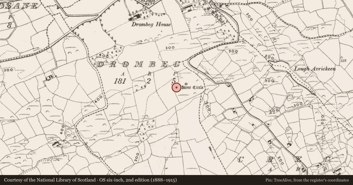 Ordnance Survey six-inch map, 2nd edition (1888–1915) covering the location of Hut site, Drombeg, County Cork, with a pin at the register's coordinates
