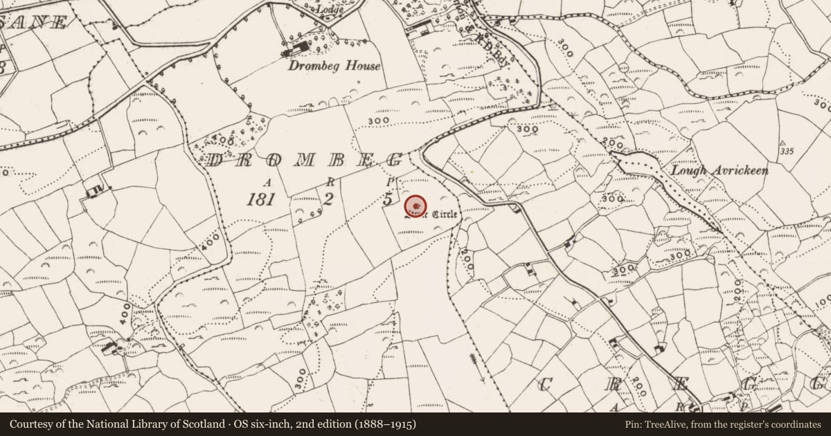Ordnance Survey six-inch map, 2nd edition (1888–1915) covering the location of Stone circle - multiple-stone, Drombeg, County Cork, with a pin at the register's coordinates