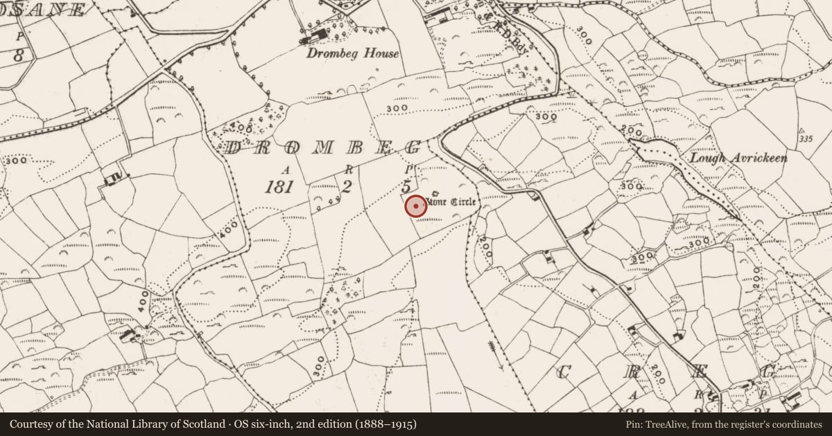Ordnance Survey six-inch map, 2nd edition (1888–1915) covering the location of Fulacht fia, Drombeg, County Cork, with a pin at the register's coordinates