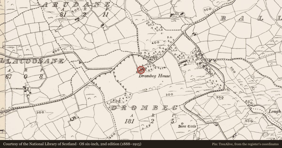 Ordnance Survey six-inch map, 2nd edition (1888–1915) covering the location of Country house, Drombeg, County Cork, with a pin at the register's coordinates