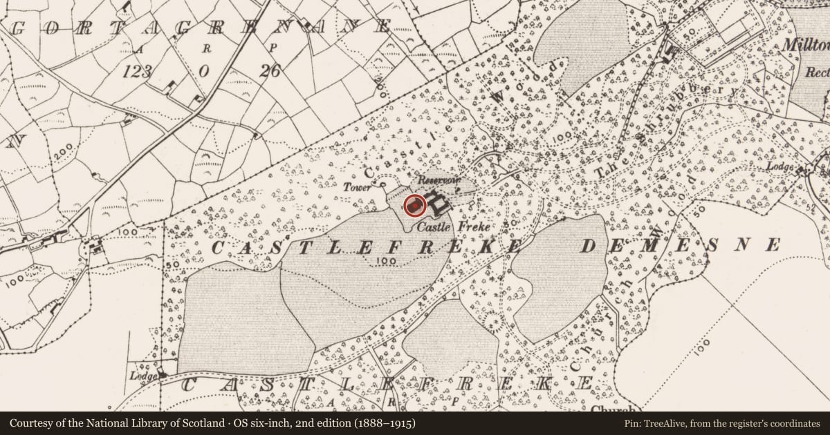 Ordnance Survey six-inch map, 2nd edition (1888–1915) covering the location of Country house, Castlefreke, County Cork, with a pin at the register's coordinates