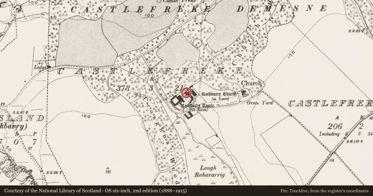 Ordnance Survey six-inch map, 2nd edition (1888–1915) covering the location of Building, Castlefreke, County Cork, with a pin at the register's coordinates