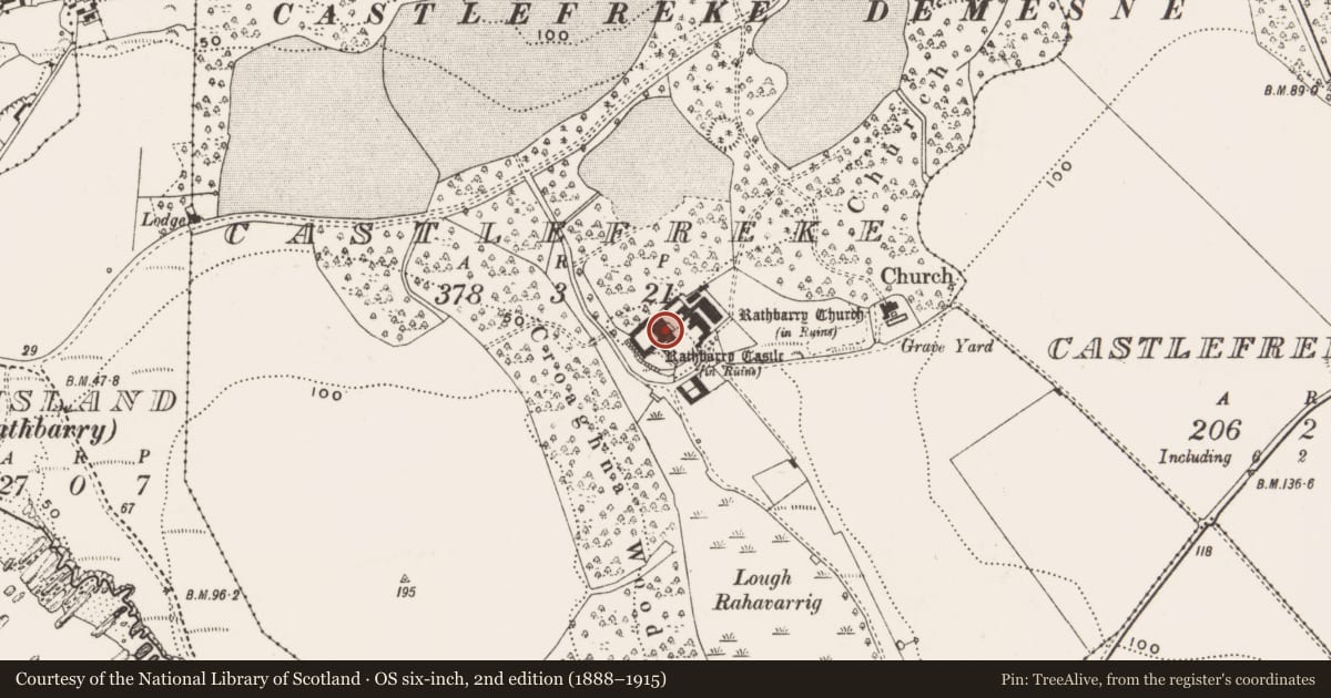 Ordnance Survey six-inch map, 2nd edition (1888–1915) covering the location of Bawn, Castlefreke, County Cork, with a pin at the register's coordinates